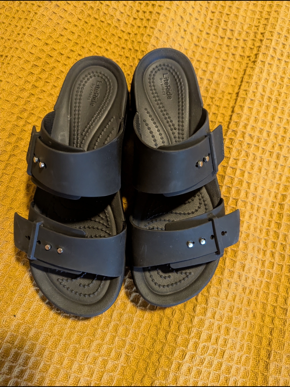 CROCS Black Double Strap Slide Sandals, 7